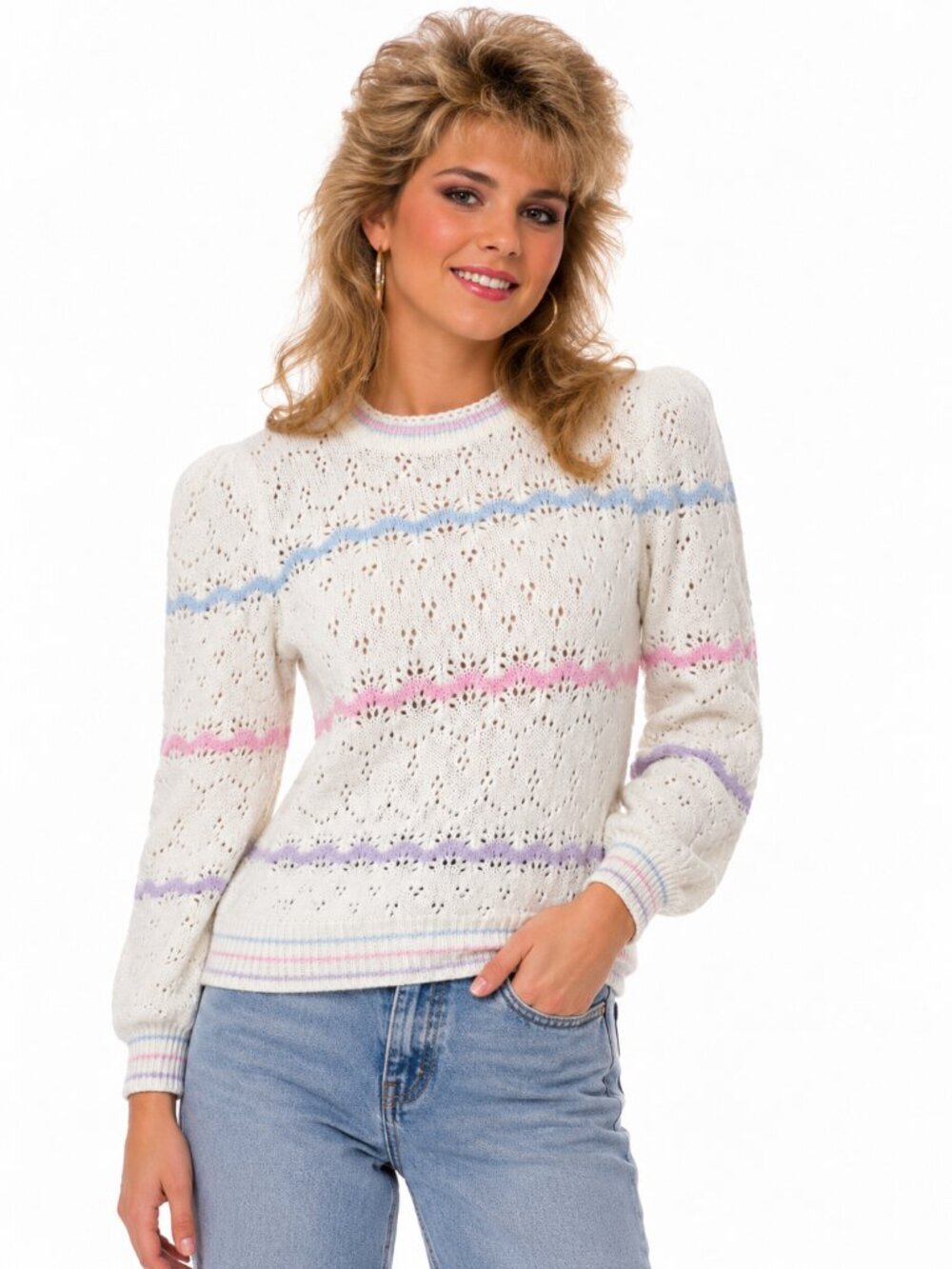 Vintage 80s Pastel Pointelle Knit Sweater Pandora Ivory XS/S